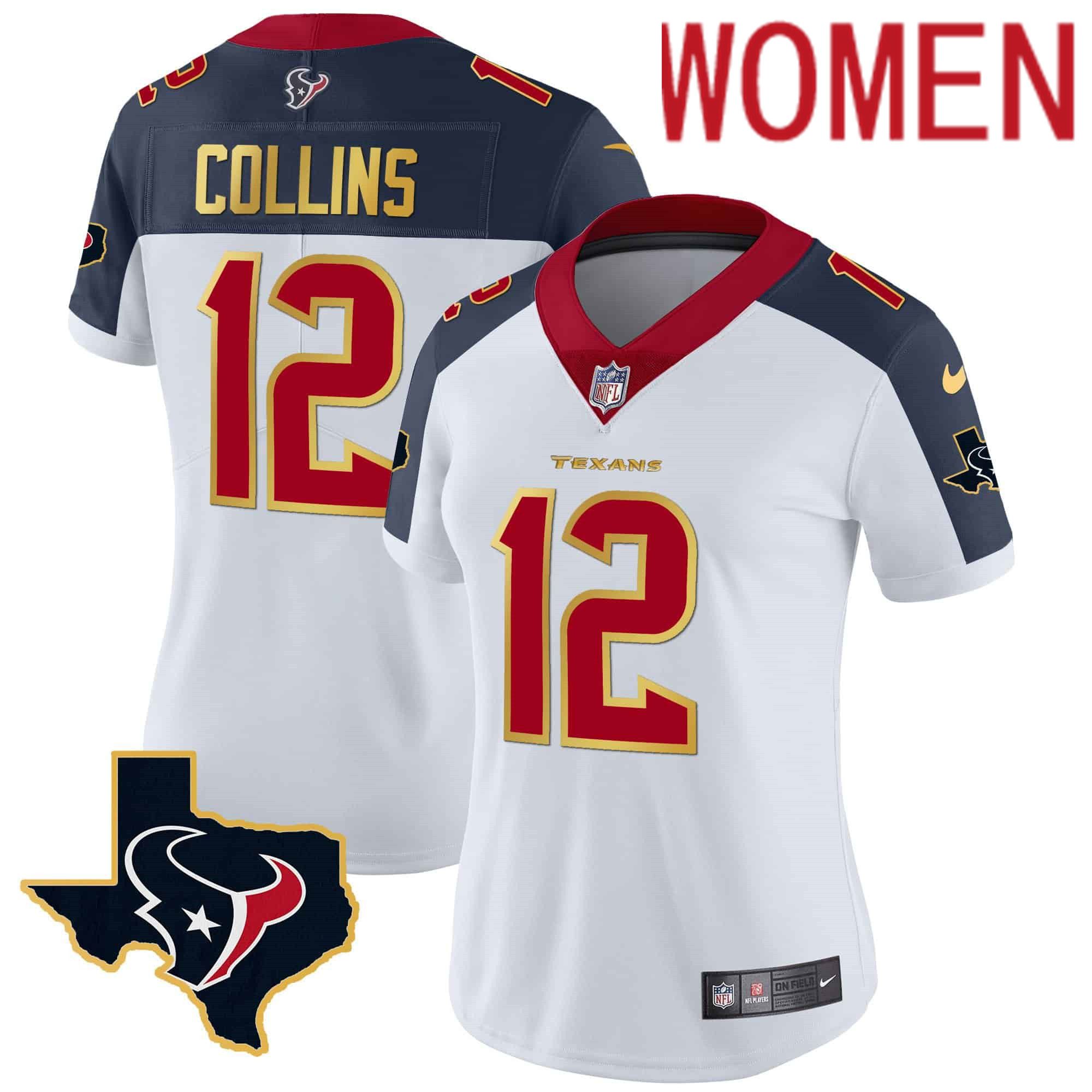 Women Houston Texans #12 Collins White Gold 2024 Nike Trim Vapor NFL Jersey style 2->women nfl jersey->Women Jersey